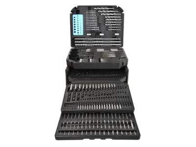 A black carrying case with multiple compartments filled with drill bits and other tools, presented in an open state.