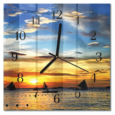 Immagine prodotto di Orologio da parete Tulup Glasuhr, orologio da cucina, vetro vero, 30x30 cm, design moderno e decorativo, silenzioso, con lancette nere - motivo: tramonto