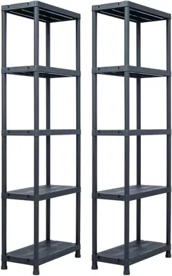 Image de Étagères de rangement, lot de 2, noires, 60 x 30 x 180 cm, en plastique, étagères robustes avec 5 niveaux, capacité de charge maximale de 125 kg, idéales pour l'atelier, la cave ou le garage