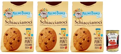 Produktbild von Mulino Bianco Italian Gourmet Bundle Schiaccianoci 3x 300g + Italian Gourmet Polpa – Italienische Kekse mit Nüssen und dunkler Schokolade, Frühstückskekse, Kaffeegebäck, Süßgebäck, Keks Vorratspackung, 900g