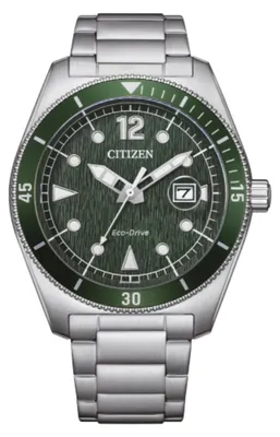 Zdjęcie produktu dla Zegarek męski, zegarek solarny Eco-Drive ze stali nierdzewnej – zielona tarcza – model Citizen: AW1880-55X