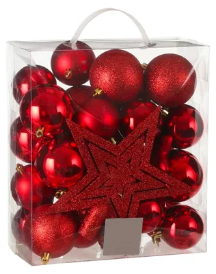 Produktbild von 40-teiliges Weihnachtskugel-Set mit Christbaumspitze, rot, 6–20 cm