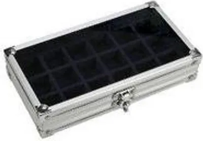 Produktbild von Sammelvitrine Aluminium. Format ca. 195 x 110 x 40 mm, mit 18 Fächern