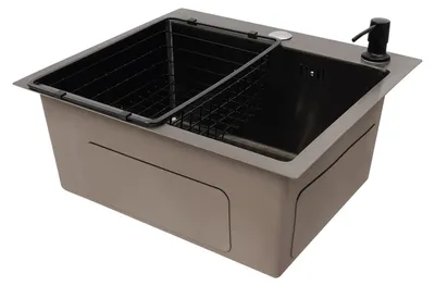 Produktbild von Küchenspüle - Einbeckenspüle - 201 Edelstahl - Schwarze Nano-Beschichtung - Einbau, flächenbündig, Unterbau - 2-Loch, ohne Armatur, mit Seifenspender und Siebkorb - Schwarz