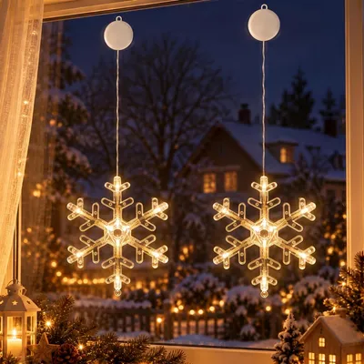 Imagen del producto de Kit de 2 guirnaldas de luces LED para ventanas, con ganchos adhesivos, alimentadas por batería, decoración navideña, ideal para fiestas y celebraciones, diseño de copo de nieve