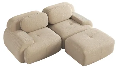 Image de Canapé d'angle modulable en velours beige avec pouf et accoudoirs