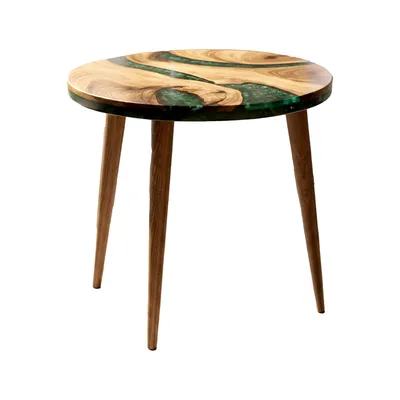 Produktbild von Runder Walnuss-Epoxid-Tisch, grünes Harz,Couchtisch aus Walnussholz, Epoxid-Couchtisch, Wohnzimmermöbel