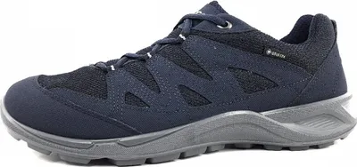 A side view of a blue and black hiking shoe with a gray sole, isolated on a white background.