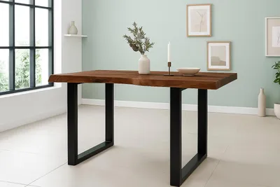 Produktbild von Esstisch Baumkante Akazie massiv 50mm Nussbaum 140 x 80 cm U-Gestell schwarz CALI