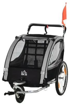 Zdjęcie produktu dla Przyczepka rowerowa 2 w 1 dla 2 dzieci | Kolor: Szary/Czarny | Wymiary: 75x142x101 cm