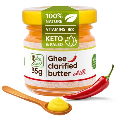 Produktbild von PALCE LIZAĆ Ghee Butter Chili 35 g Geklärte | Ayurveda, Laktosefrei, Glutenfrei | Butterreinfett, nur aus der Milch von Weidekühen, Keto