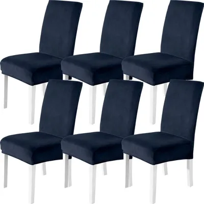 Image de Housses de siège en velours, lot de 6, bleu foncé, stretch, lavables, pour fauteuils à dossier et fauteuils à dossier haut