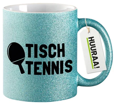 Produktbild von Huuraa Glitzertasse Tischtennis Tischtennisschläger 330ml Blau Keramik Kaffeebecher Geschenkidee