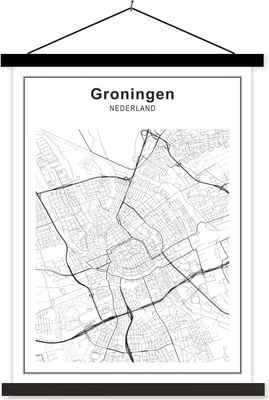 Produktbild von MuchoWow® Textilposter Stadtplan - Groningen - Schwarz und weiß 60x80 cm mit schwarzem Rahmen - Plakathalter