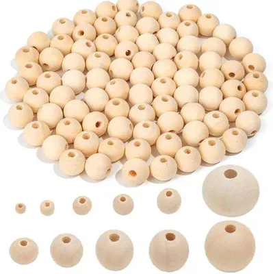 Produktbild von 200 Stück 14 mm runde natürliche Holzperlen für Macramé und Bastelarbeit - Holzperlen mit Gesichtern