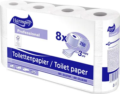 Produktbild von 8x Toilettenpapier 3-lagig Harmony Professional 250 Blatt -