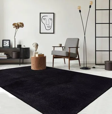 Obrázek produktu pro Unyqoos® Karpet24 Loft – kulatý koberec, černý, s krátkým vlasem, vyrobený ze 100% polyesteru, s protiskluzovou spodní stranou, omyvatelný při 30°C, průměr 120 cm, s příjemně sametovou texturou
