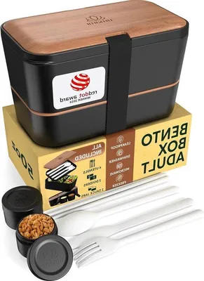 Produktbild von Famanu Bento Box platzsparend - 4 Utensilien - 2 Saucenbehälter - Auslaufsicher - Mikrowellen- und spülmaschinengeeignet