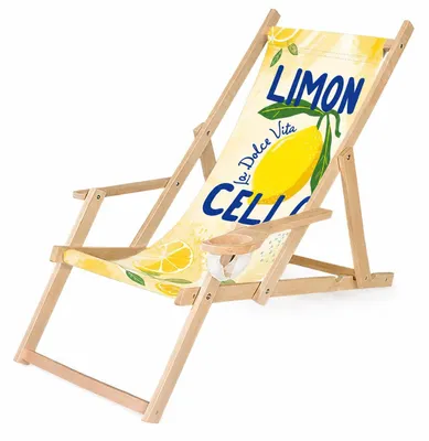 Produktbild von Holz Klappliegestuhl mit Armlehne und Getränkehalter, Zitronen Dolce Vita Motiv, klappbar