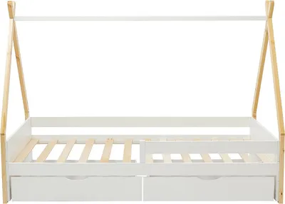 Produktbild von Kinderbett Tipi-Bett mit Schubladen - 90 x 190 cm - Kiefer & MDF - Weiß & Holzfarben - LUANCO