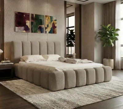 Produktbild von LUXKOR24 Polsterbett VELORA 180x200cm mit Bettkasten & Metallgestell - Bouclé Stoff HELLBRAUN GERRA