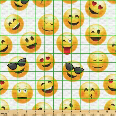 Produktbild von ABAKUHAUS Emoji Gewebe als Meterware, Lächelnd Gesicht Charakter Illustration Glücklich Überrascht Cool Verliebt Kuss, 10 M (148 x 1000 cm), Schwarz Gelb Rot