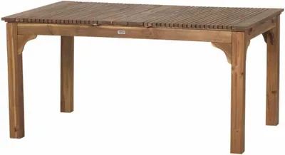 A wooden dining table with a slatted top and four legs, shown from a front-facing angle against a white background.