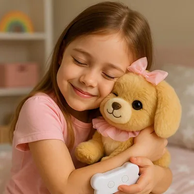 A young girl is hugging a plush toy dog in a bedroom setting.