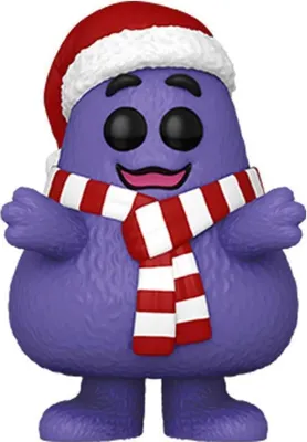 A Funko Pop! vinyl figure of Grimace wearing a Santa hat and a striped scarf.