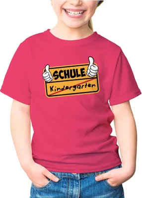 Produktbild von Kinder T-Shirt Mädchen Parodie Ortsschild Schule Kindergarten Geschenk zur Einschulung Schulanfang Moonworks® pink 110-116 (5-6 Jahre)