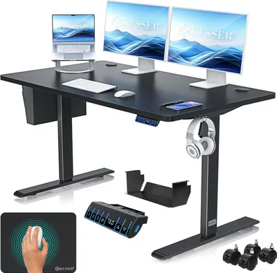 Produktbild von KESSER® Schreibtisch elektrisch & höhenverstellbar Computertisch Ergonomisch Stehen & Sitzen 3-Memory 360° Rollen USB-Ladeanschluss 140x70cm Schwarz