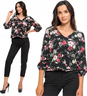 Produktbild von Moraj - Bluse Größe S - Damenbluse Schwarz - Blusenoberteil fur Damen - Blumenmuster Bluse V-Ausschnitt