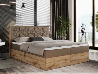 Produktbild von Boxspringbett 120x200 mit Bettkasten, Polsterbett 120x200 mit Matratze H4, Boxspringbett 120x200 mit Kopfteil, Boxspringbett mit Massivholz - Nessi - Braun Kunstleder - H4