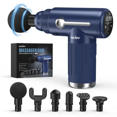 Produktbild von Massagepistole - Vibrationsmassagegerät - 10 Geschwindigkeiten - 6 Massageköpfe - Für Körper, Nacken und Rücken - Tiefe Muskelentspannung - Batteriebetrieben - Blau
