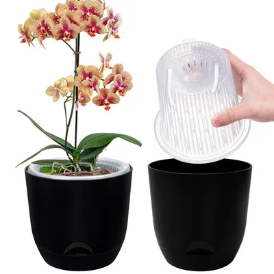 Produktbild von 2er-Set Orchideentopf Groß 18,2 cm Doppelschicht Selbstbewässerung Schwarz