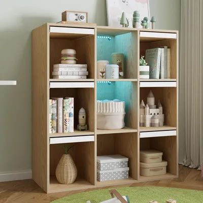 Produktbild von okwish Aufbewahrungsschrank mit offenen Mittelfächern und 2 LED-beleuchteten Fächern, Kinderregal mit Klapptüren,Viel Stauraum,Natur