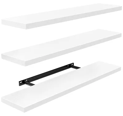 Image de Étagère murale, 60 cm de long, lot de 3 étagères murales pour salle de bains/salon/chambre à coucher/cuisine, étagère murale en bois blanc avec fixations invisibles, 60 x 17 x 3 cm