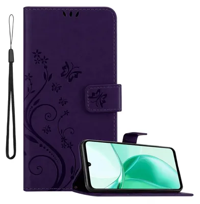 A purple flip phone case with a floral design is shown open, with a smartphone inserted into it. The phone case has a magnetic closure and a wrist strap.