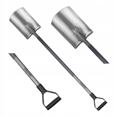 Two shovels are shown, one in the foreground and one in the background, against a white background.