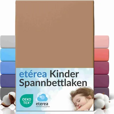 A product image showcasing a fitted sheet with multiple color swatches and a sleeping child.