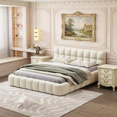 Produktbild von INONEFT Polsterbett 140 x 200 cm, Doppelbett mit Rückenlehne und gepolstertem Rand, Jugendbett Bubble Bett mit Lattenrost, Leinenstoff, Beige