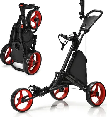 Produktbild von GOPLUS Faltbar Golftrolley mit 3 Rädern, 4 höhenverstellbare Positionen, Golfwagen aus Aluminium, mit verstellbarem Schirmhalter, Tasche, Eingebauter Kühler, Fußbremse