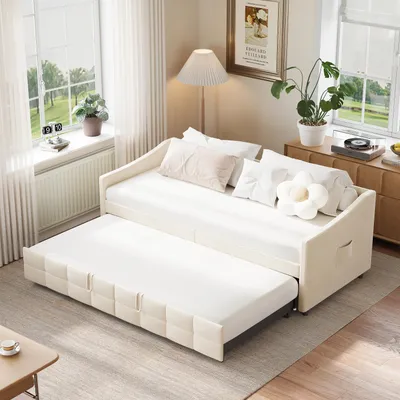 Produktbild von Ausziehbares Samt-Schlafsofa 90 x 200 cm, modernes Schlafsofa mit Zustellbett, hydraulischer Mechanismus, Creme