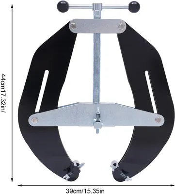 A product shot of a pipe clamp tool on a white background.
