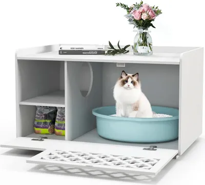 Immagine prodotto di Armadio per lettiera - Mobile per gatti 4 in 1 - Panca porta scarpe - Tavolino - Ingresso - Ganci - Cuscino rimovibile - Legno - Bianco