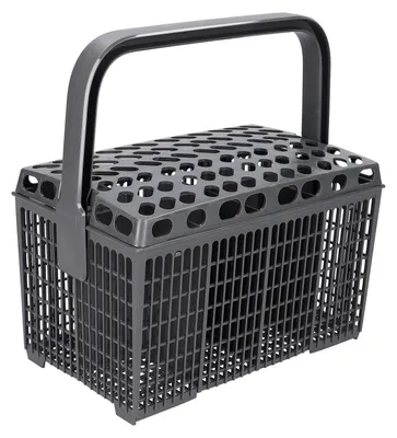 A gray dishwasher basket with a handle is shown against a white background.