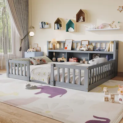 Produktbild von REMZETTA Kinderbett 140x200 cm mit Bücherregal, Rausfallschutz und Lattenrost, Grau