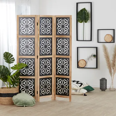 Produktbild von Homestyle4u Paravent, Kiefernholz MDF, 3-teilig, Natur Schwarz, Ornamentik ausgefräst, 170 cm x 120 cm x 20 cm