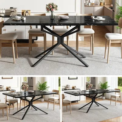 Produktbild von Ausziehbarer Esstisch 120 / 160 x 90 cm, rechteckiger Küchentisch mit sternförmigem schwarzem Metallgestell