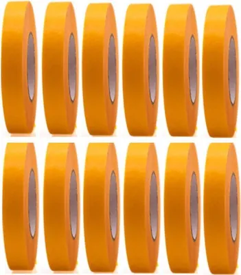 Produktbild von 12 Rollen Profi Goldband Klebeband 50 m  x 15 mm - Malerband Gold Kreppband - Abdeckband für Maler und Lackierer - Krepp für Innen und Außen - Malerkrepp - Vielseitiges Klebeband für Malerarbeiten